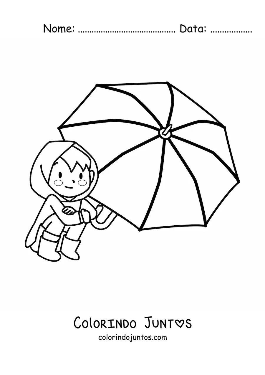 Desenho para colorir de menino kawaii sentado com sombrinha