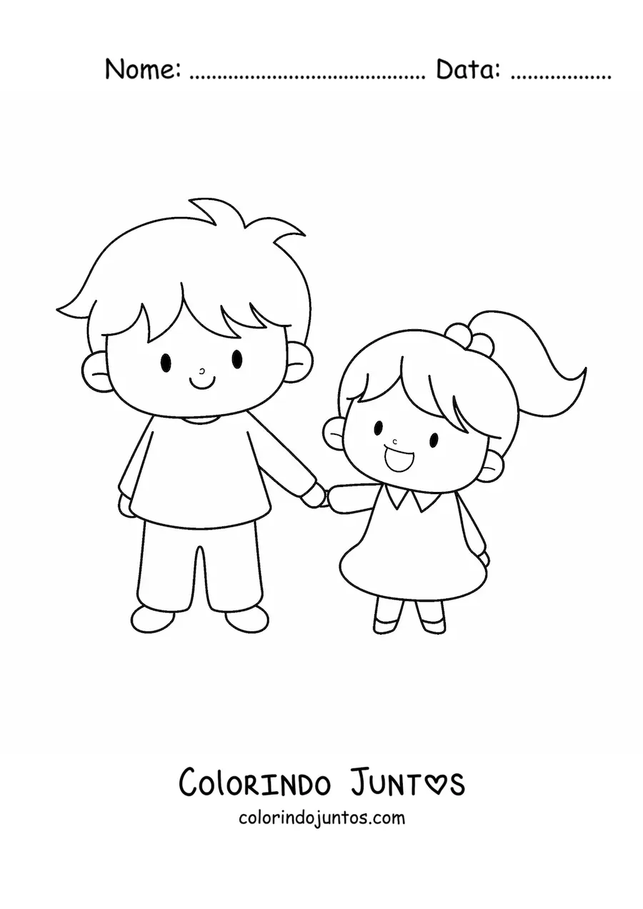Desenho para colorir de menino de mãos dadas com a irmãzinha