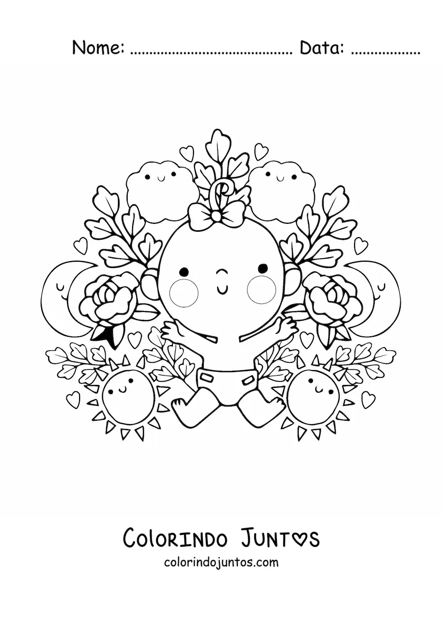 Desenho para colorir de bebê menina kawaii com flores animadas