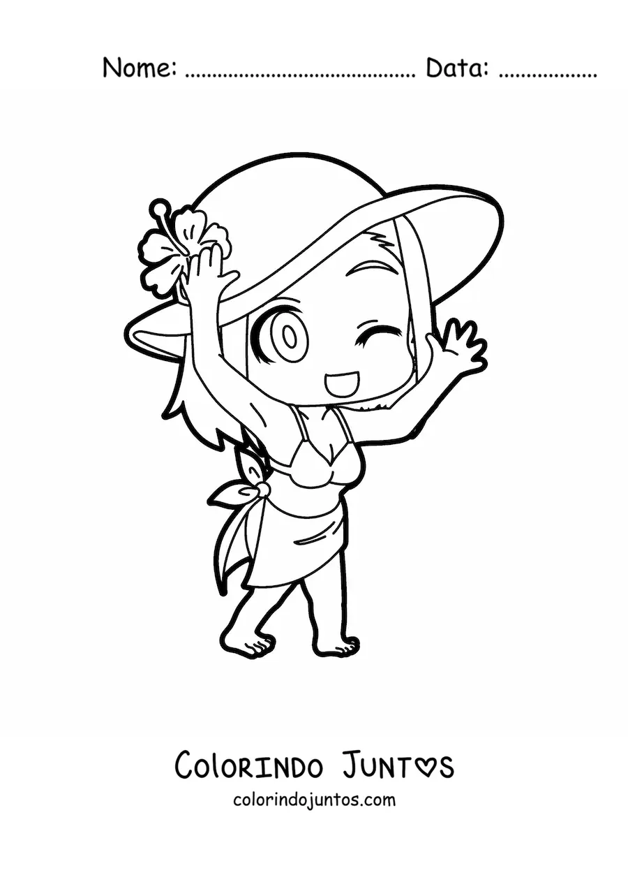 Desenho para colorir de garota kawaii de praia