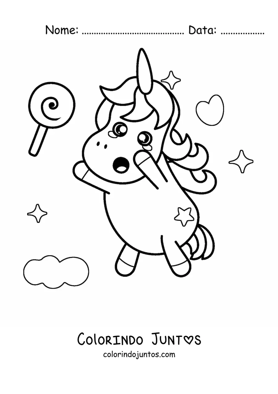 Desenho para colorir de um unicornio kawaii em pe tentando pegar um pirulito