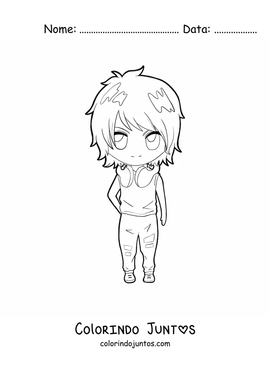 Desenho para colorir de garoto anime kawaii com fones de ouvido