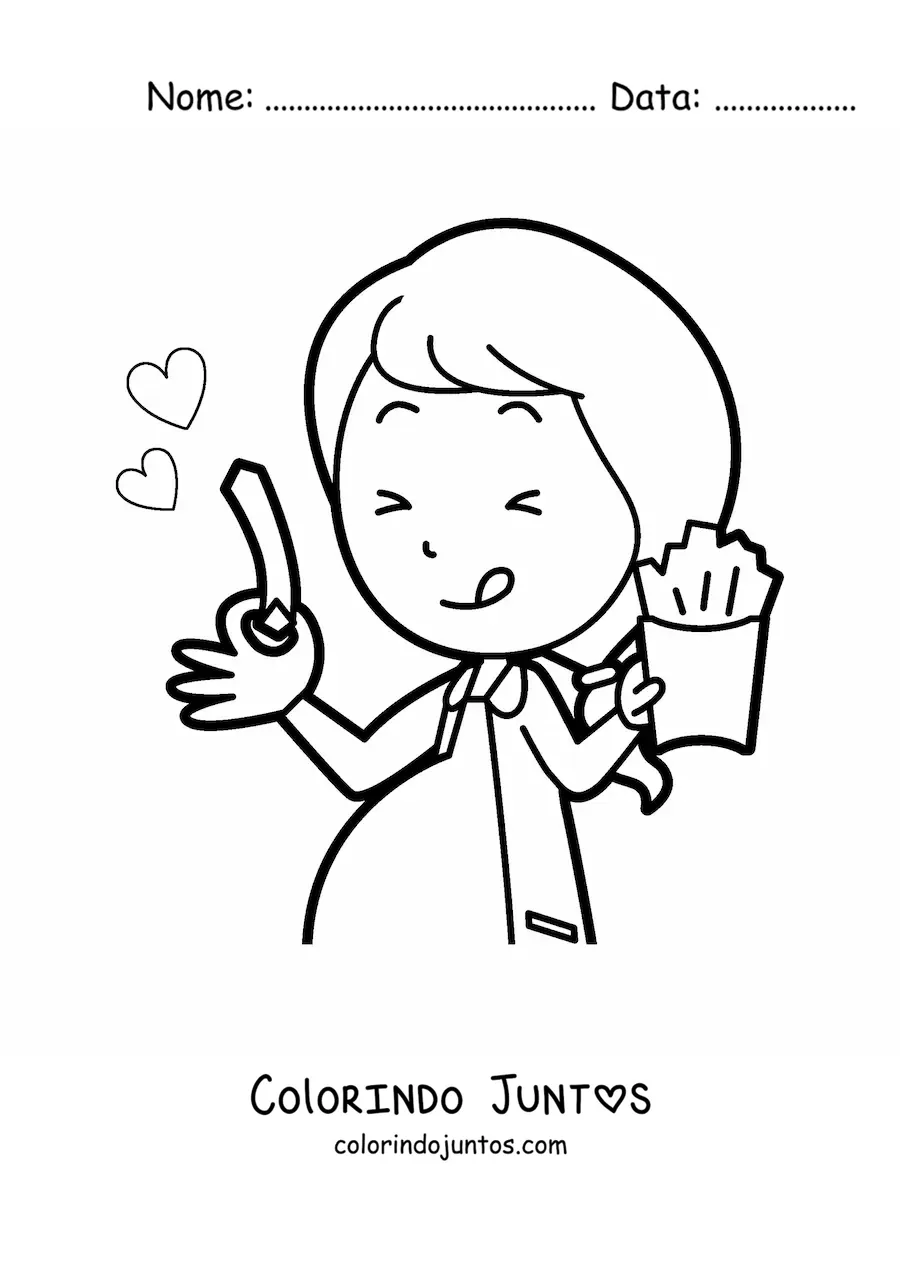 Desenho para colorir de mulher grávida comendo batata frita
