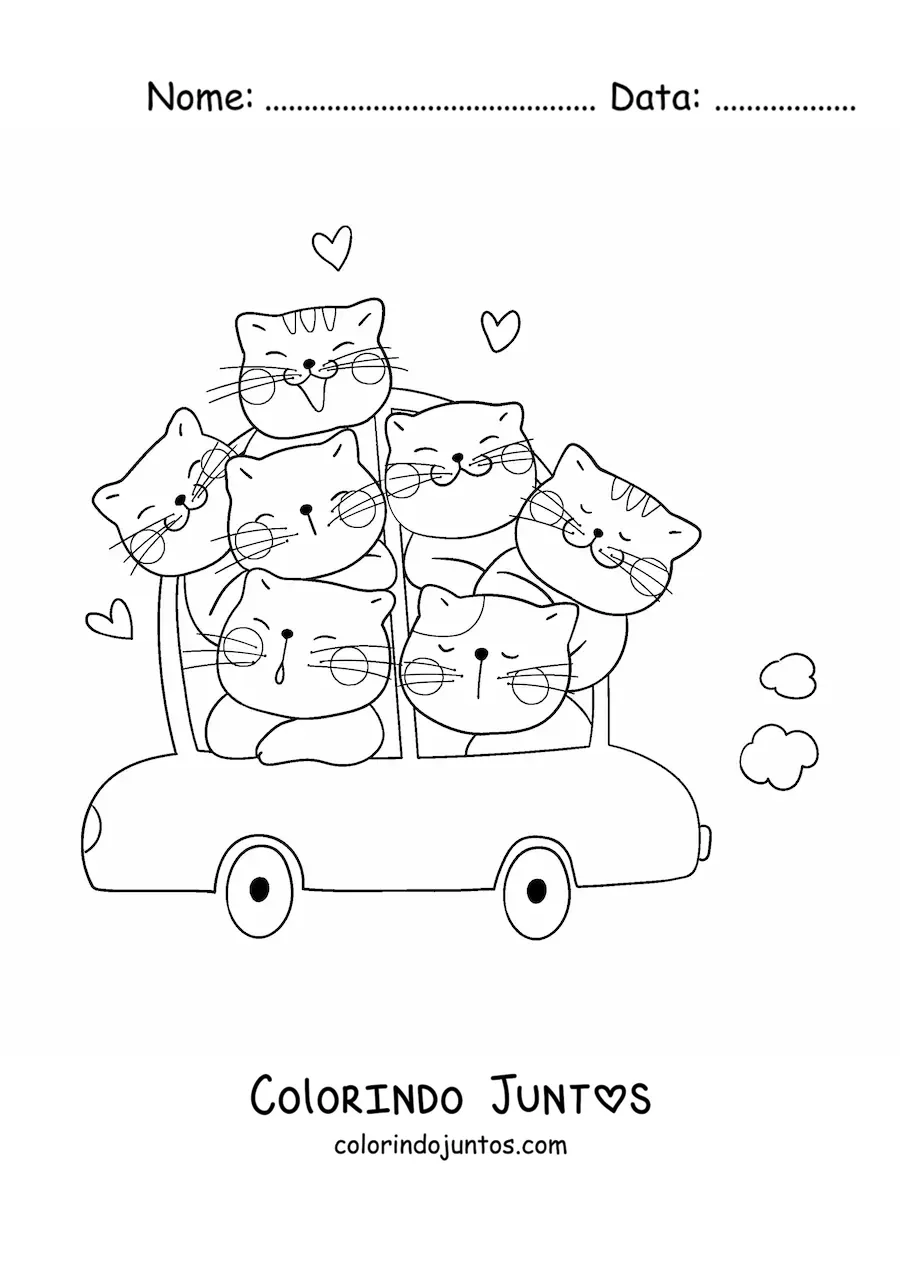 Desenho para colorir de gatos kawaii em um carro