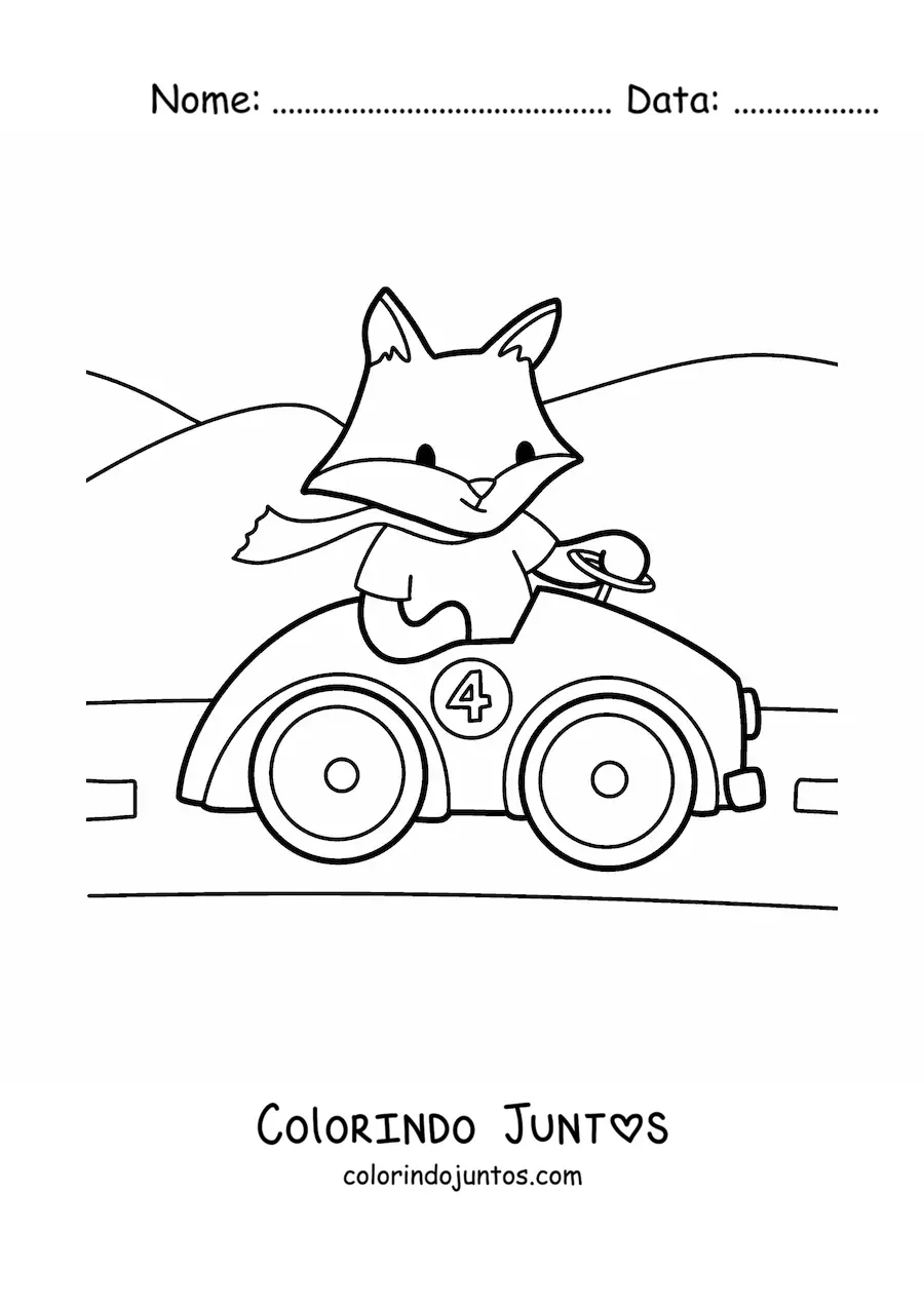 Desenho para colorir de raposa kawaii animada dirigindo um carro