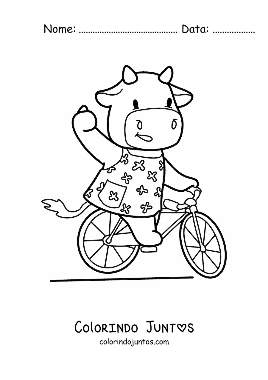 Desenho para colorir de vaca kawaii animada andando de bicicleta
