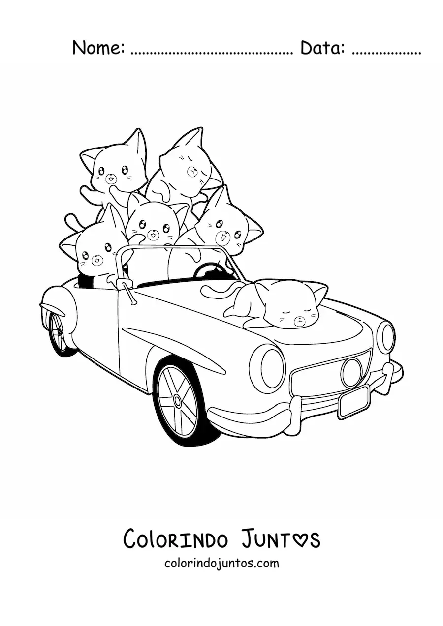 Desenho para colorir de gatinhos fofos em um carro