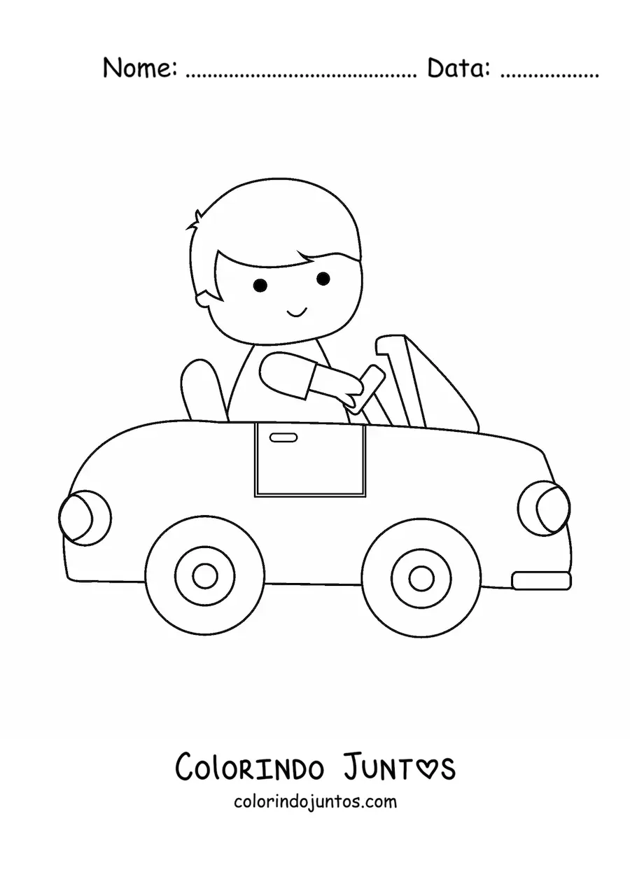 Desenho para colorir de menino kawaii dirigindo um carro