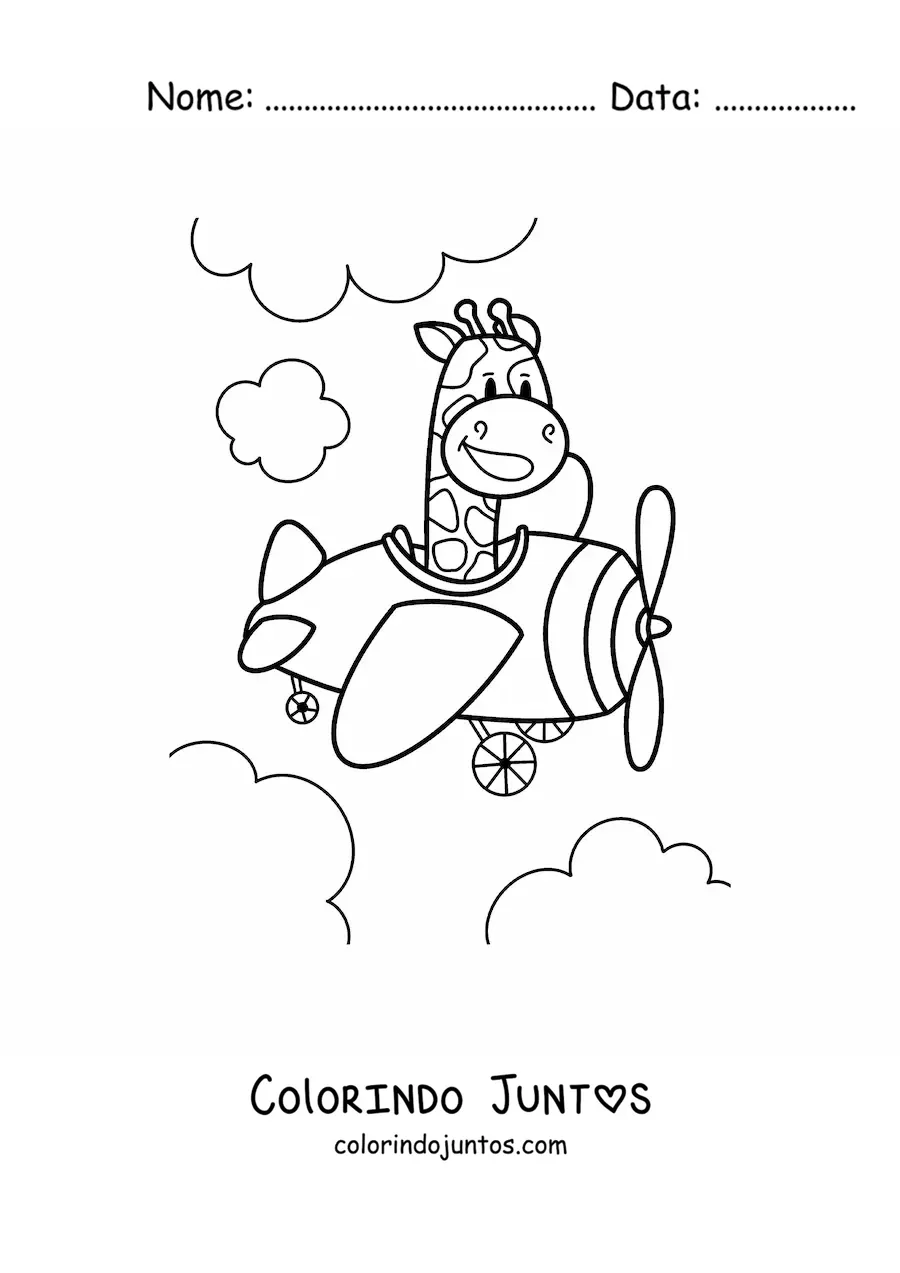 Desenho para colorir de girafa kawaii animada pilotando um aviao