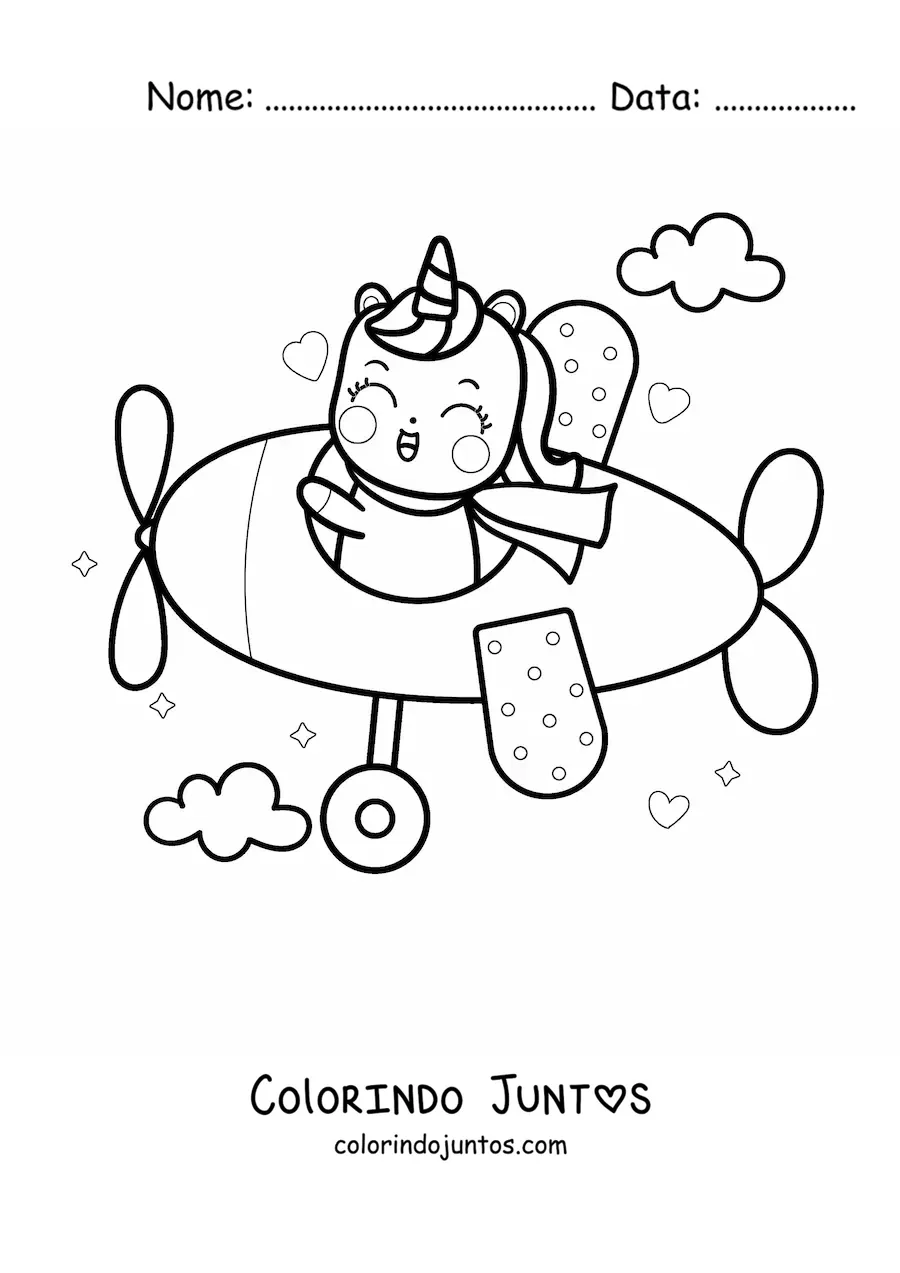 Desenho para colorir de unicornio kawaii pilotando um aviao