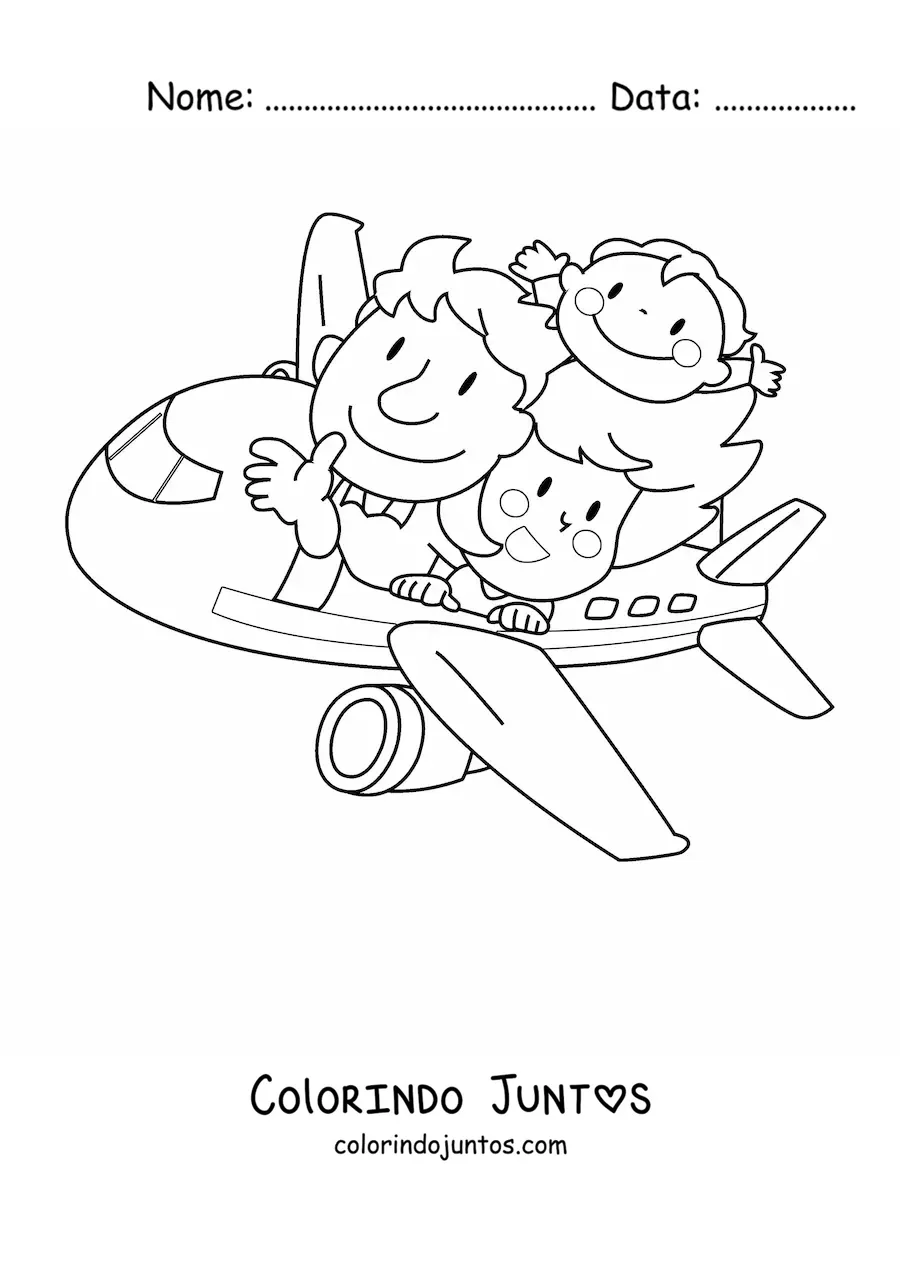 Desenho para colorir de familia kawaii viajando de aviao