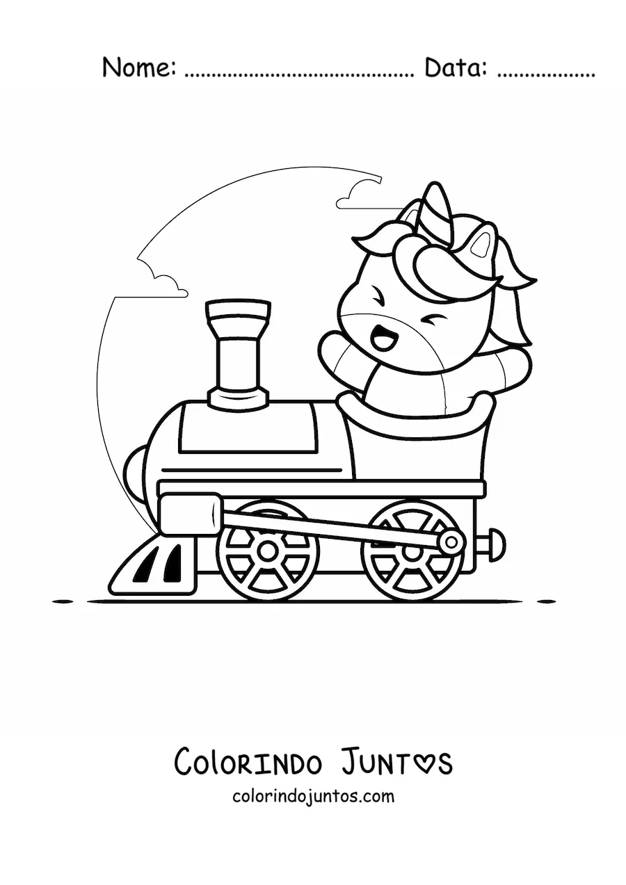 Desenho para colorir de unicornio kawaii em um trem
