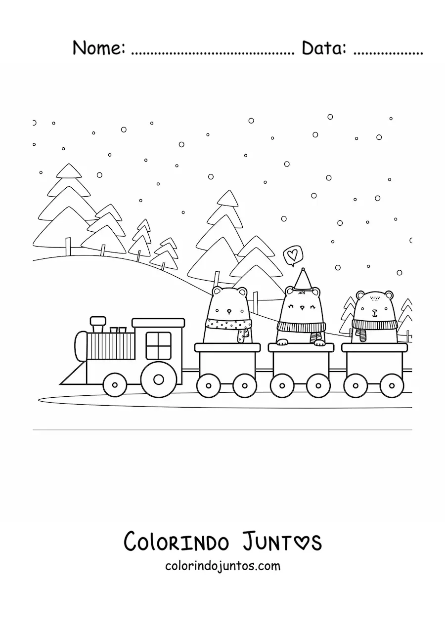 Desenho para colorir de ursos kawaii animados em um trem