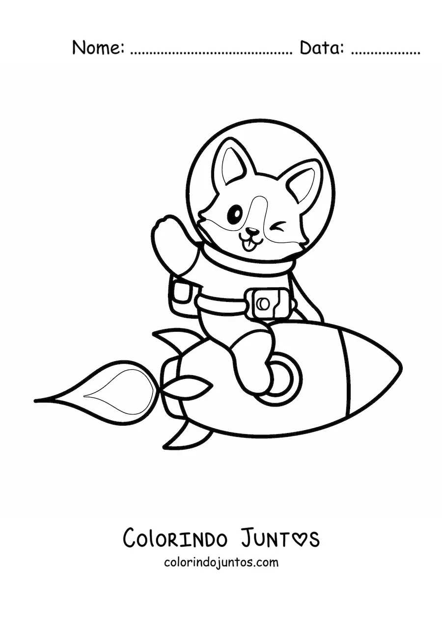 Desenho para colorir de cachorro astronauta kawaii em um foguete