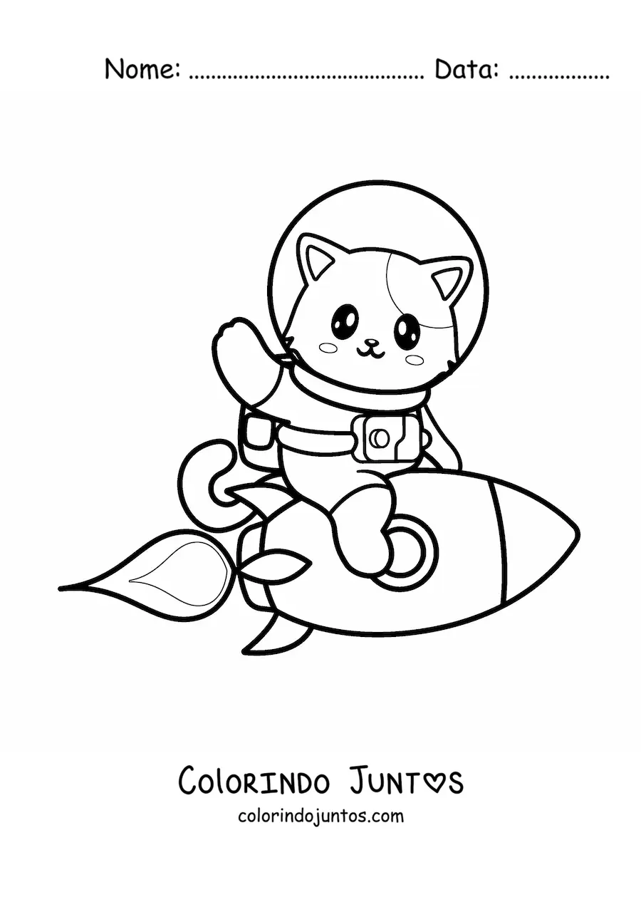 Desenho para colorir de gato animado kawaii em um foguete