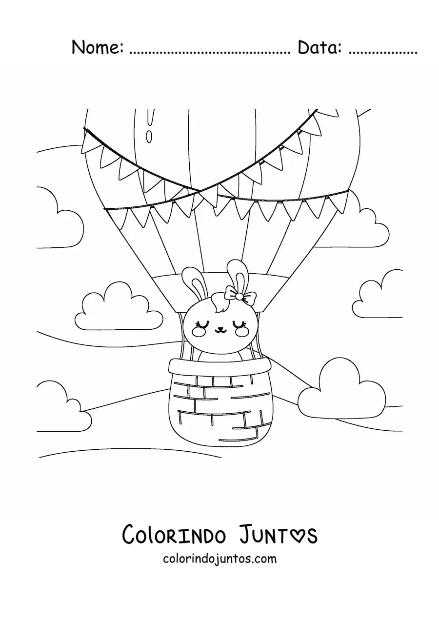 Desenho para colorir de coelho animado kawaii em um balao de ar quente
