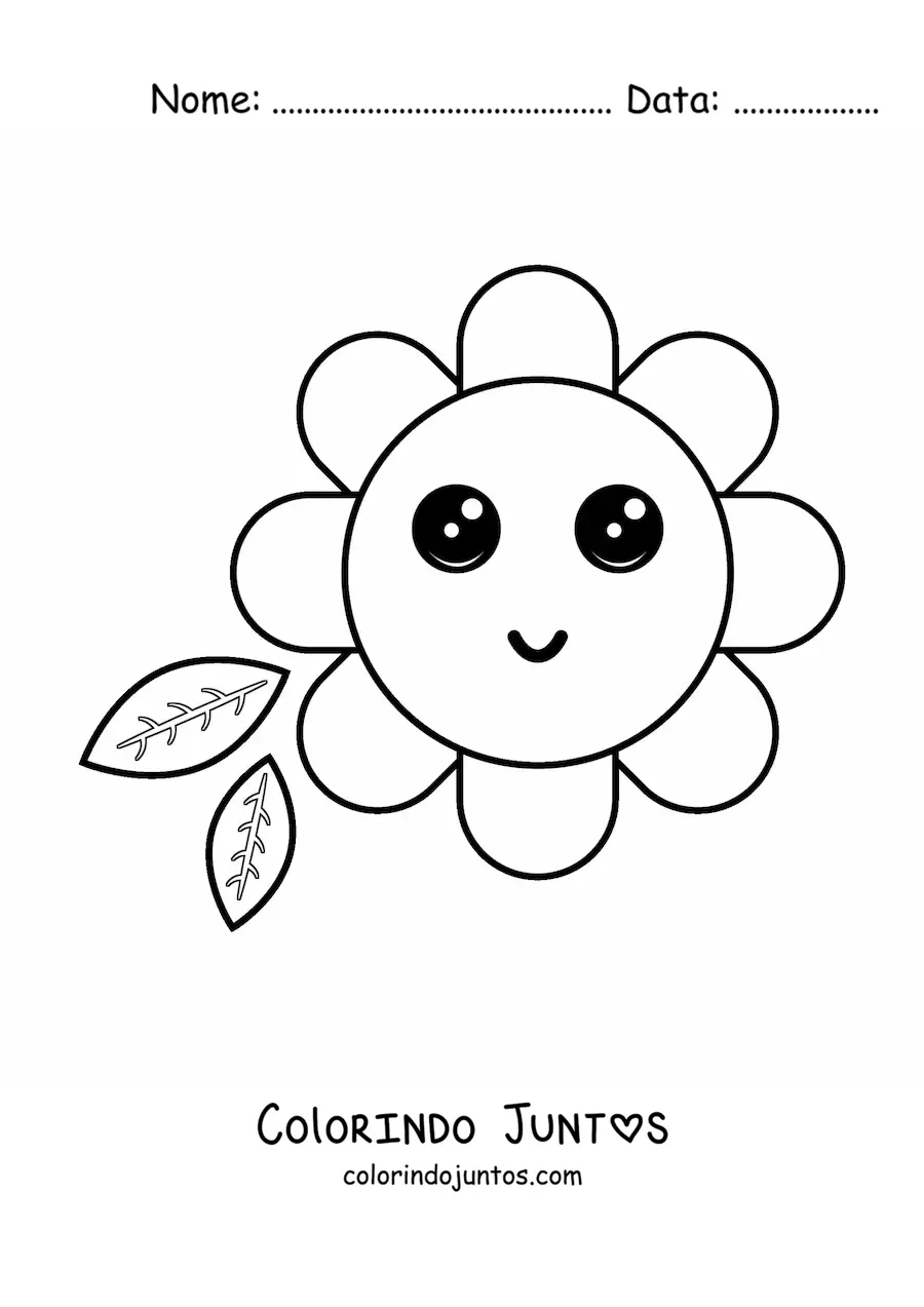 Desenho para colorir de flor kawaii grande com folhas