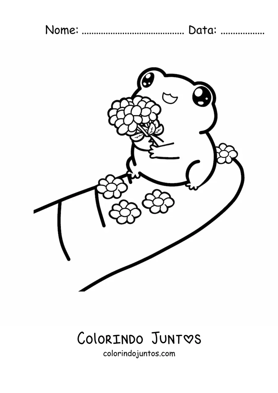 Desenho para colorir de sapo kawaii com flores