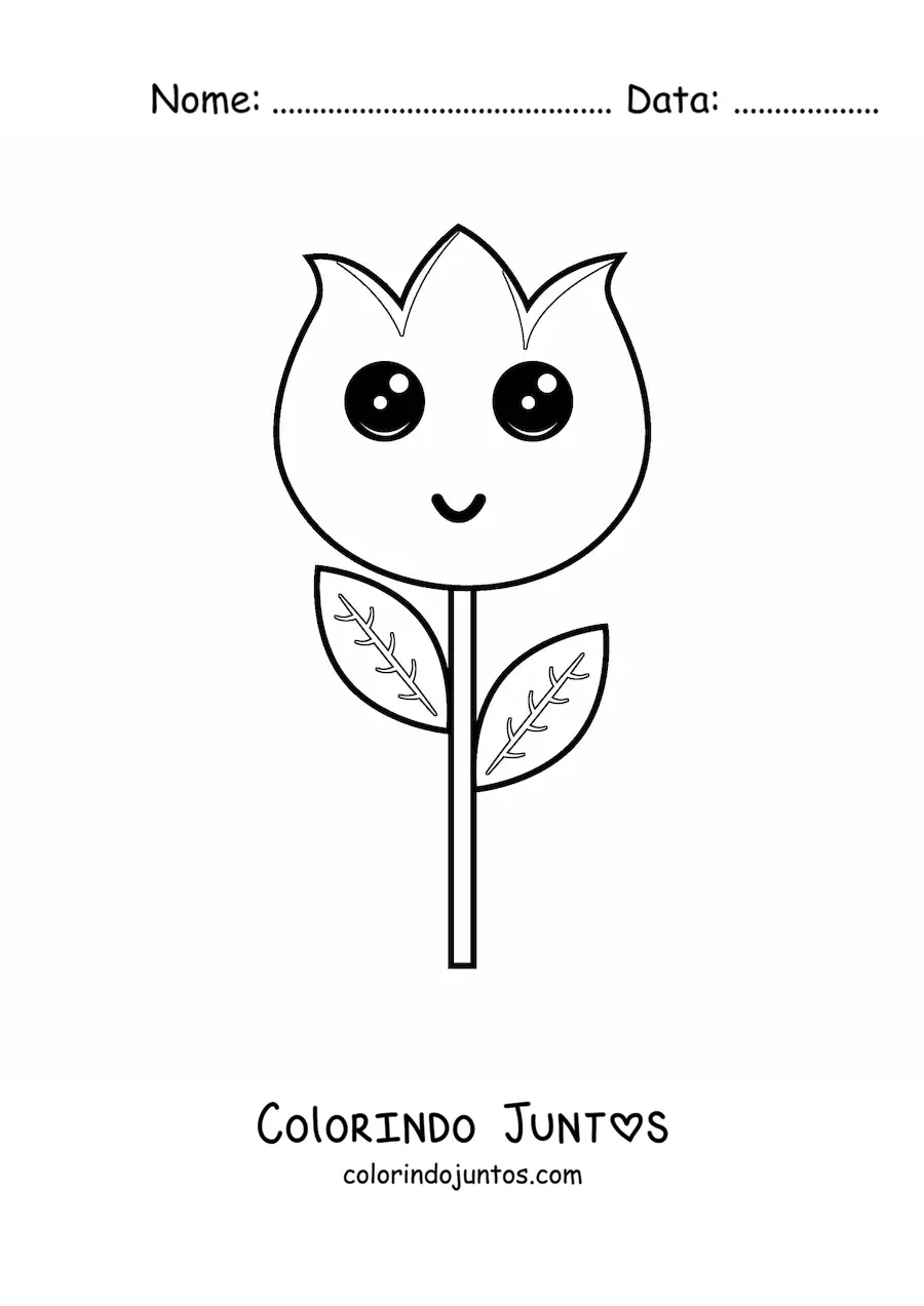 Desenho para colorir de tulipa kawaii grande com folhas