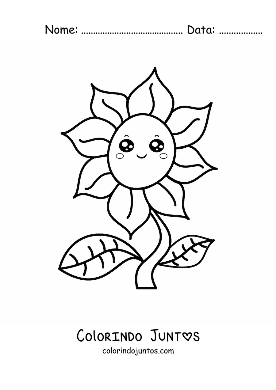 Desenho para colorir de flor animada kawaii grande com folhas