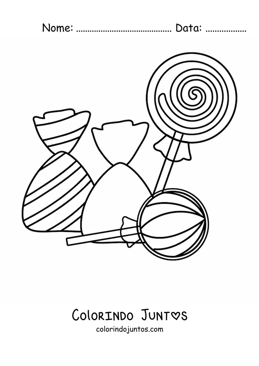 Desenho para colorir de pirulitos e sacos de balas
