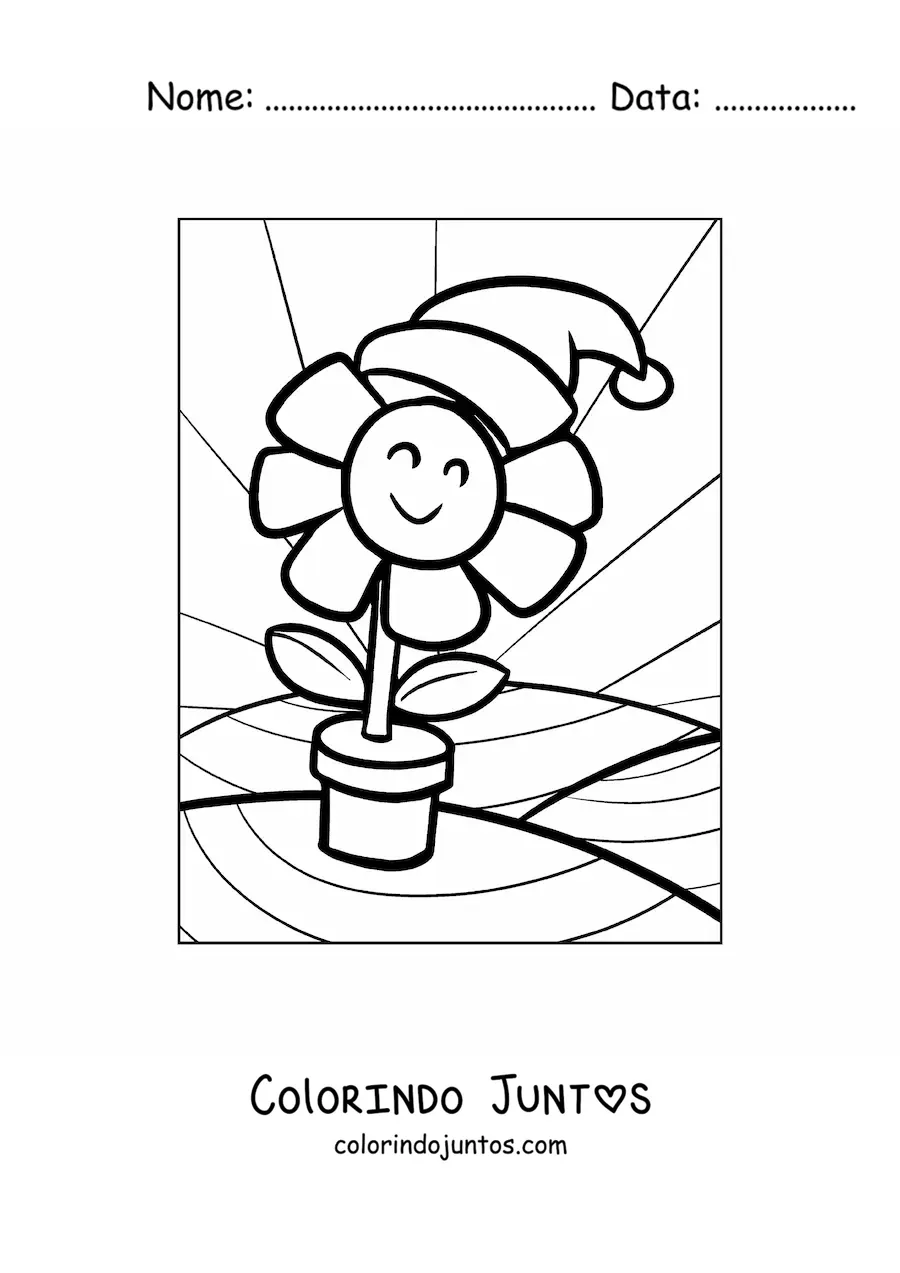 Desenho para colorir de flor animada com gorro de Natal