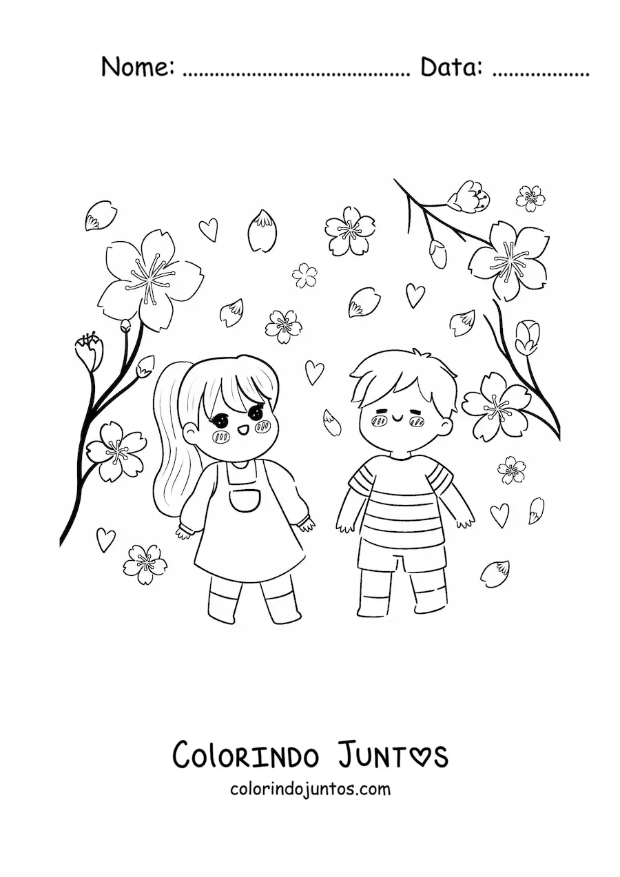 Desenho para colorir de criancas kawaii vendo flores de cerejeira