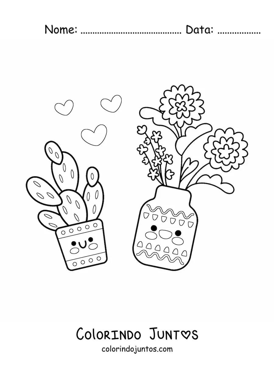 Desenho para colorir de vaso com flores kawaii ao lado de um cacto