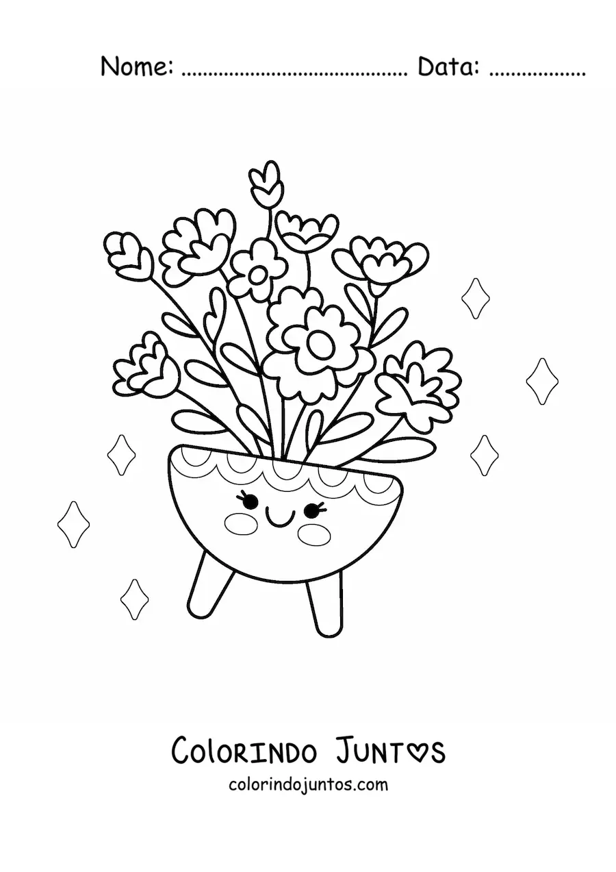 Desenho para colorir de vaso grande com flores kawaii