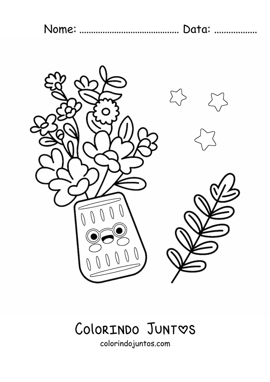Desenho para colorir de vaso com flores kawaii com estrelas