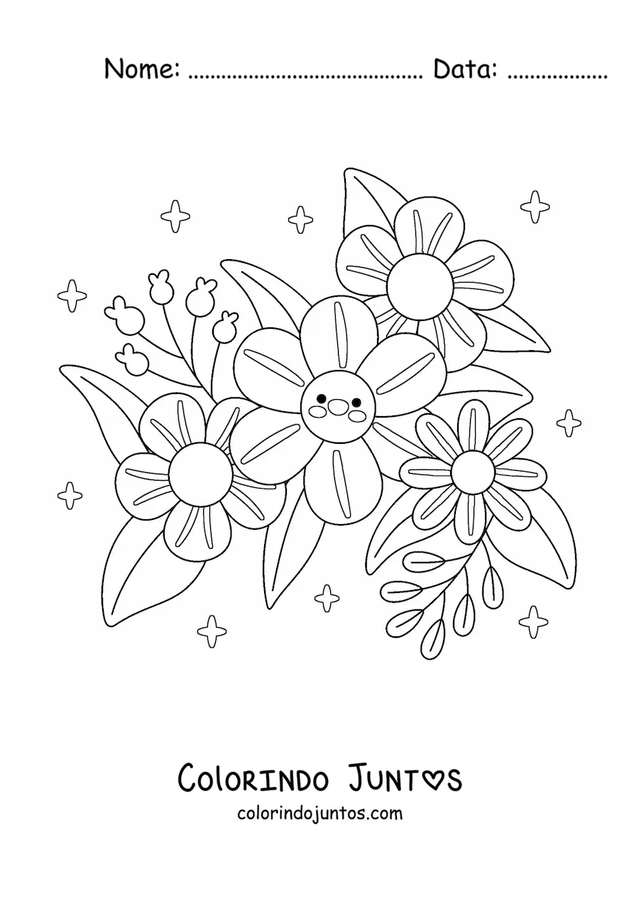 Desenho para colorir de flores kawaii grandes com folhas