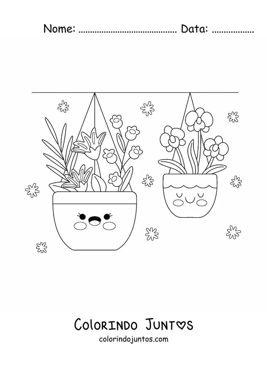 Desenho para colorir de vasos suspensos com flores kawaii
