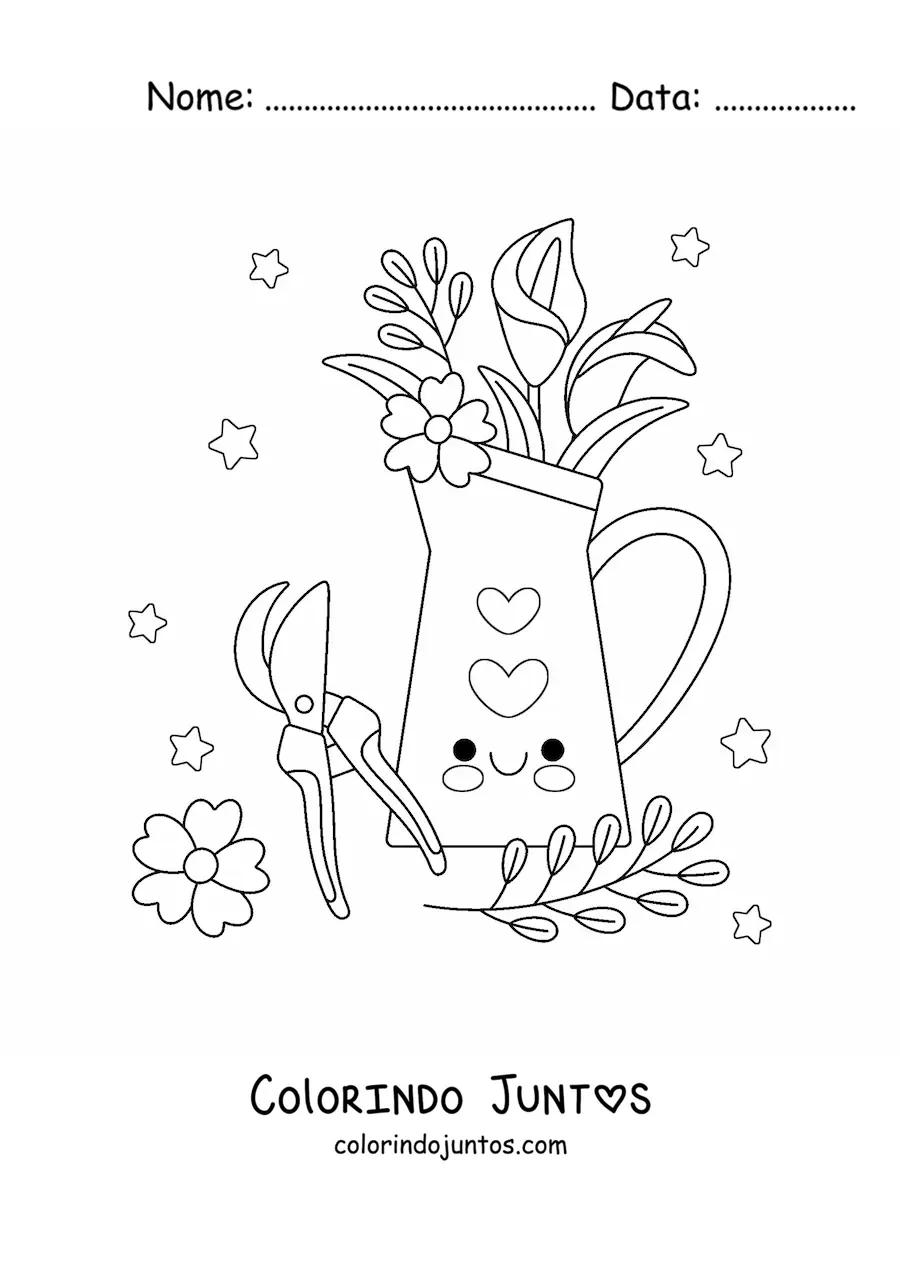 Desenho para colorir de vaso com flores kawaii ao lado de uma tesoura de poda