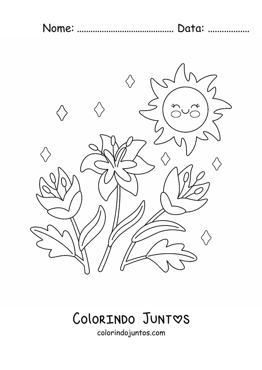 Desenho para colorir de Sol kawaii com flores