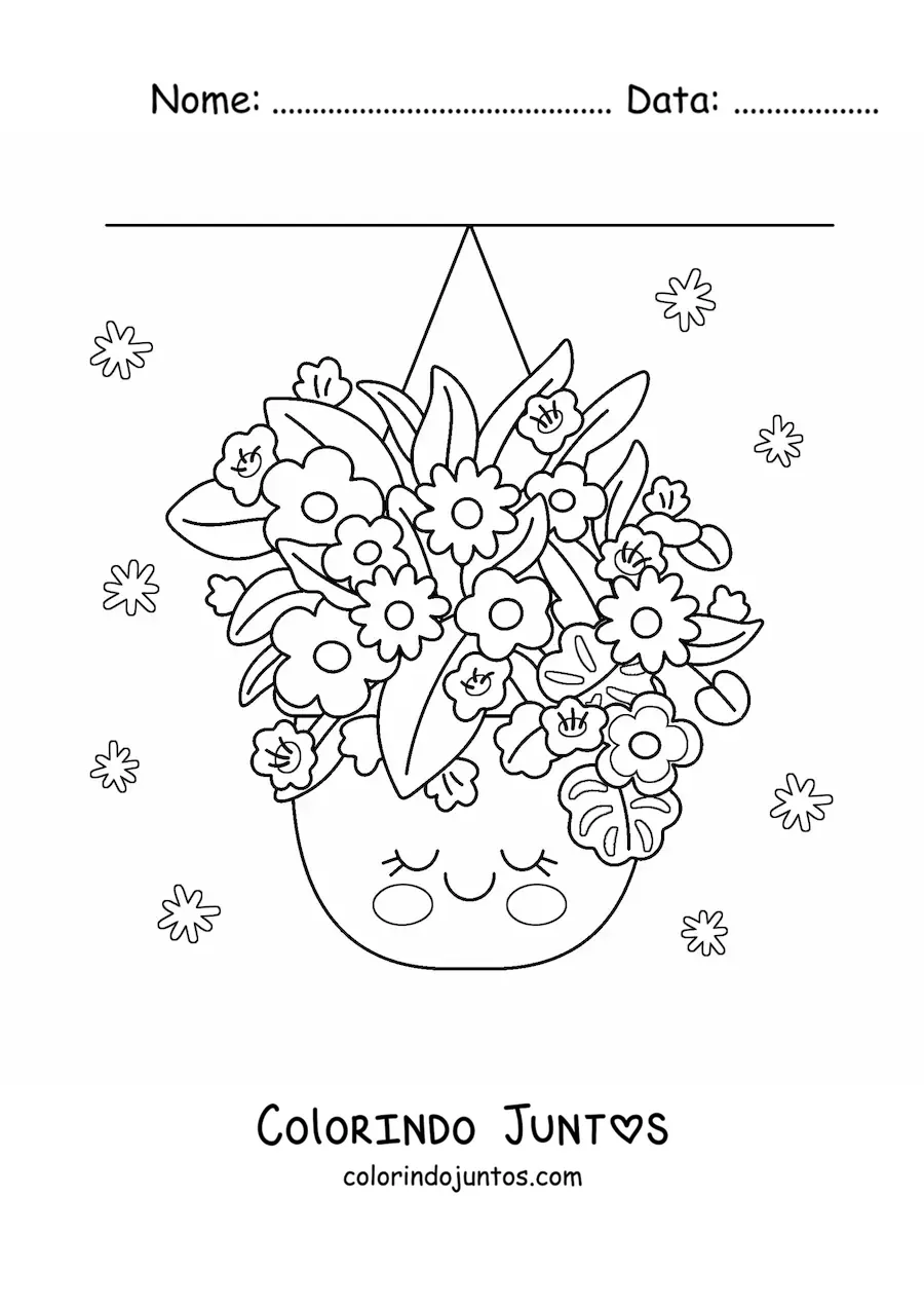 Desenho para colorir de vasos suspensos com flores kawaii grandes