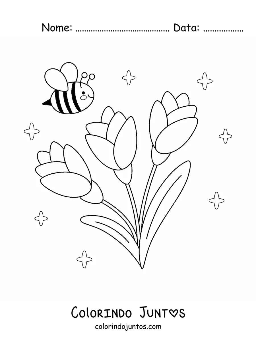 Desenho para colorir de abelha kawaii com flores grandes