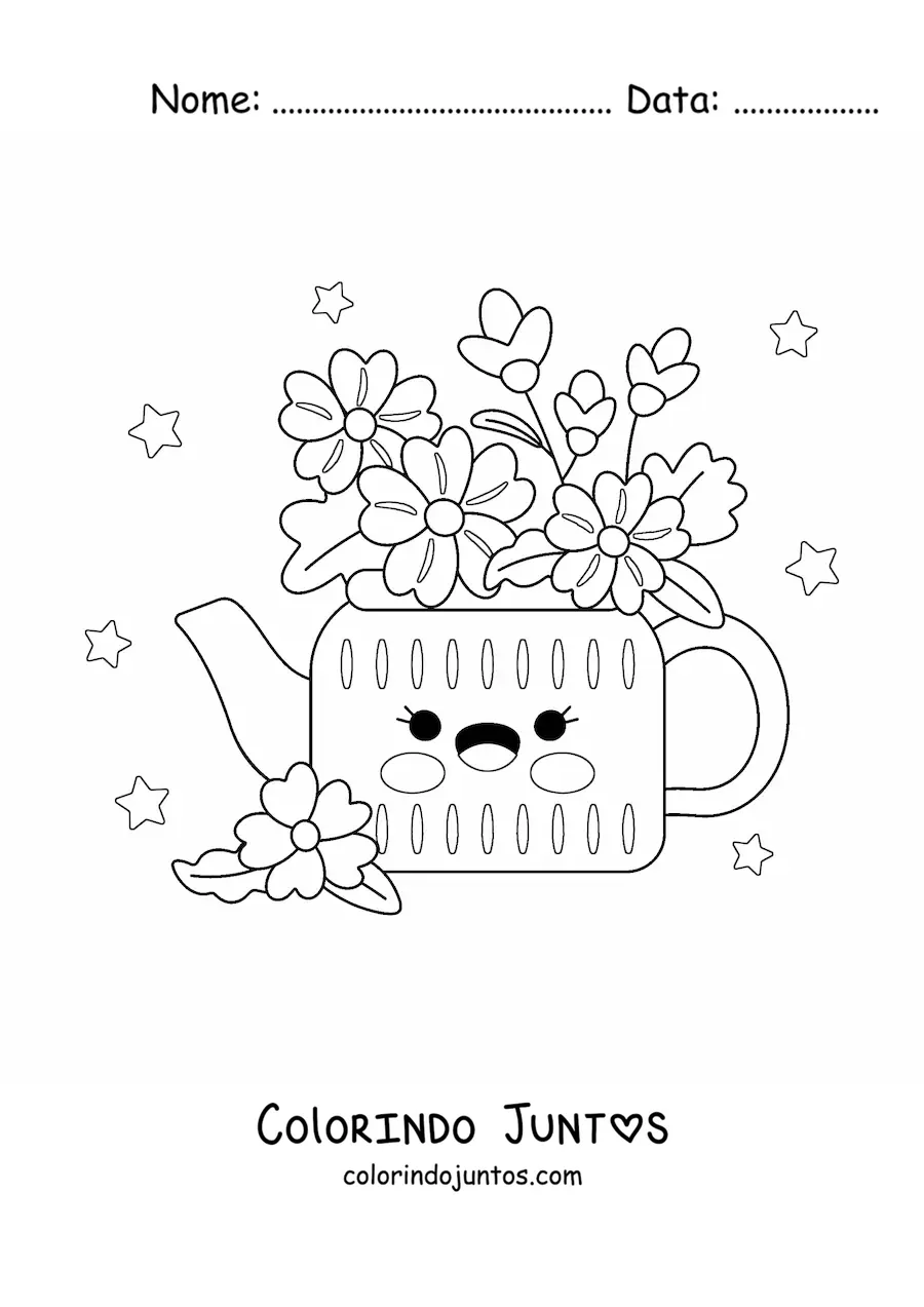 Desenho para colorir de vaso com flores kawaii com estrelas