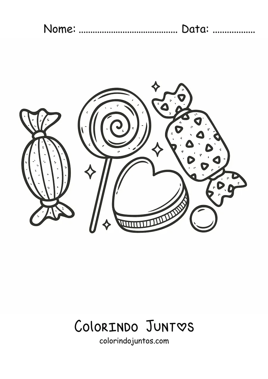 Desenho para colorir de um pirulito, um biscoito em formato de coracao e balas em volta