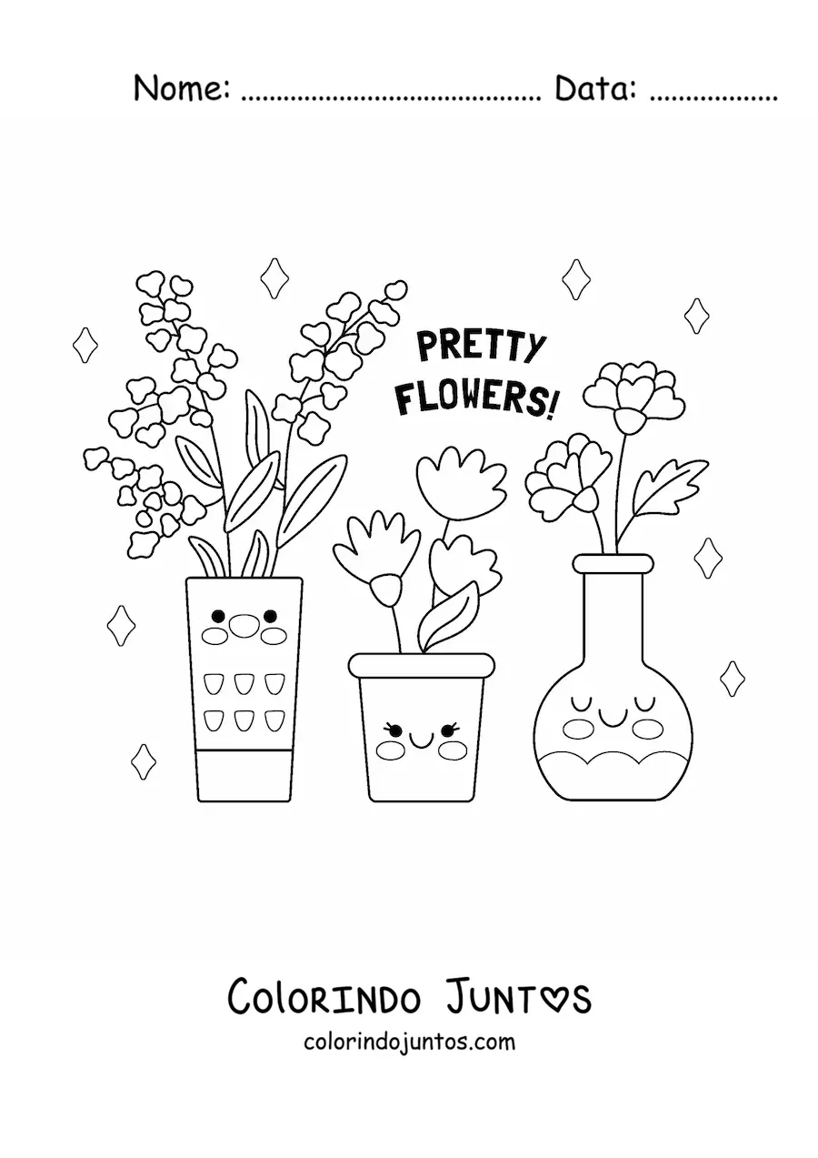 Desenho para colorir de jarra e vasos com flores bonitas
