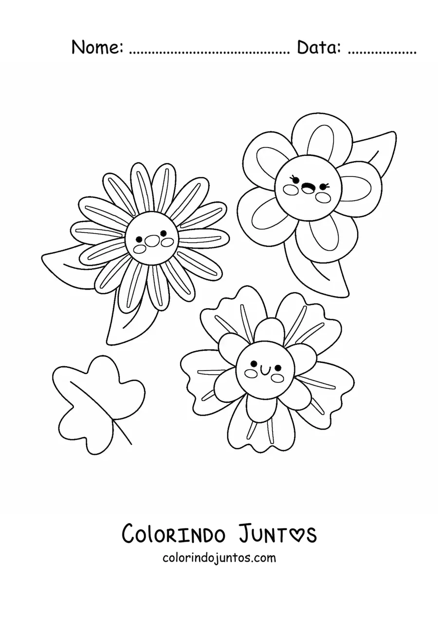 Desenho para colorir de 3 flores kawaii grandes