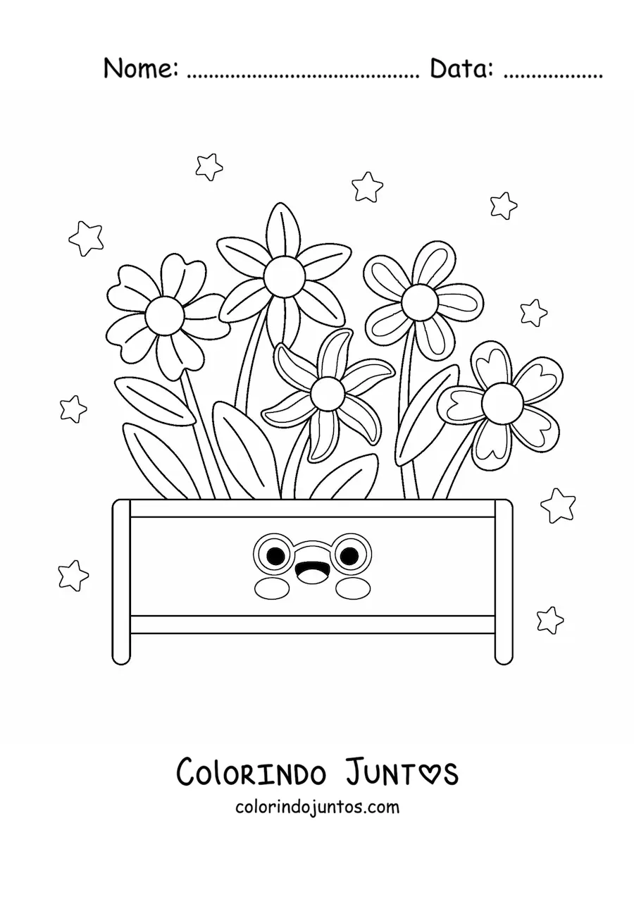 Desenho para colorir de flores grandes plantadas em um vaso kawaii