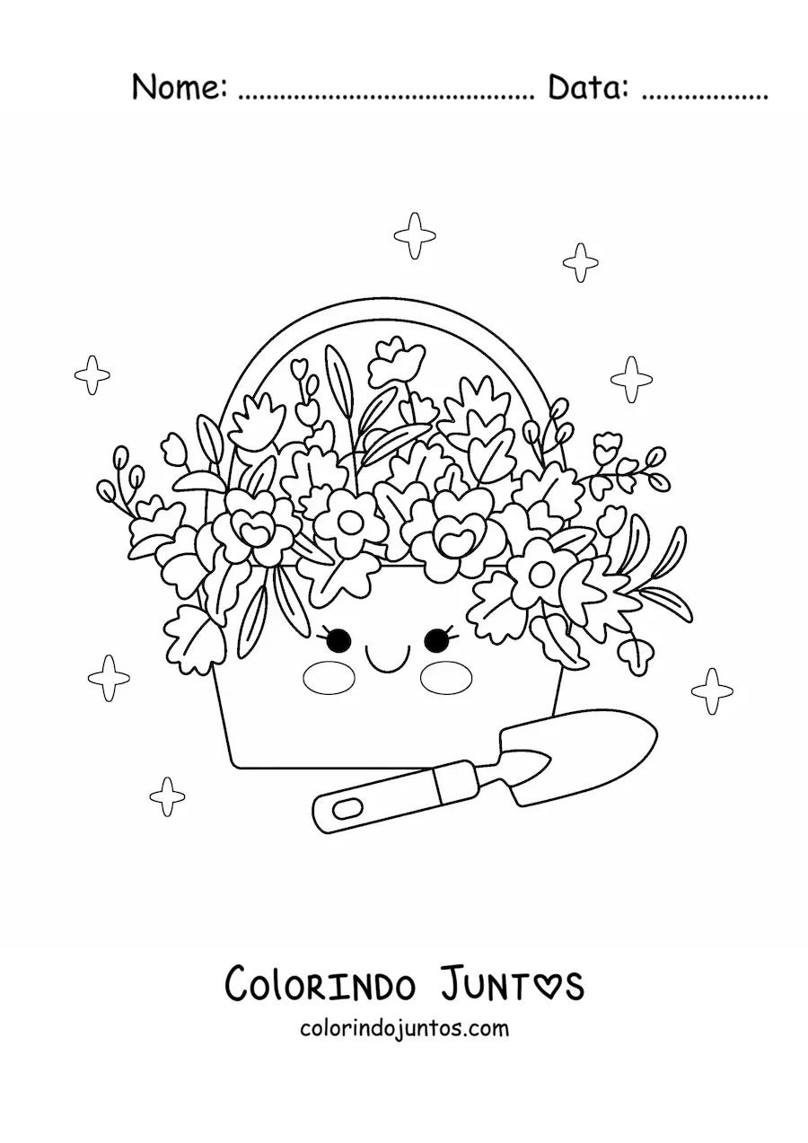Desenho para colorir de cesta com flores kawaii ao lado de uma pa de jardinagem