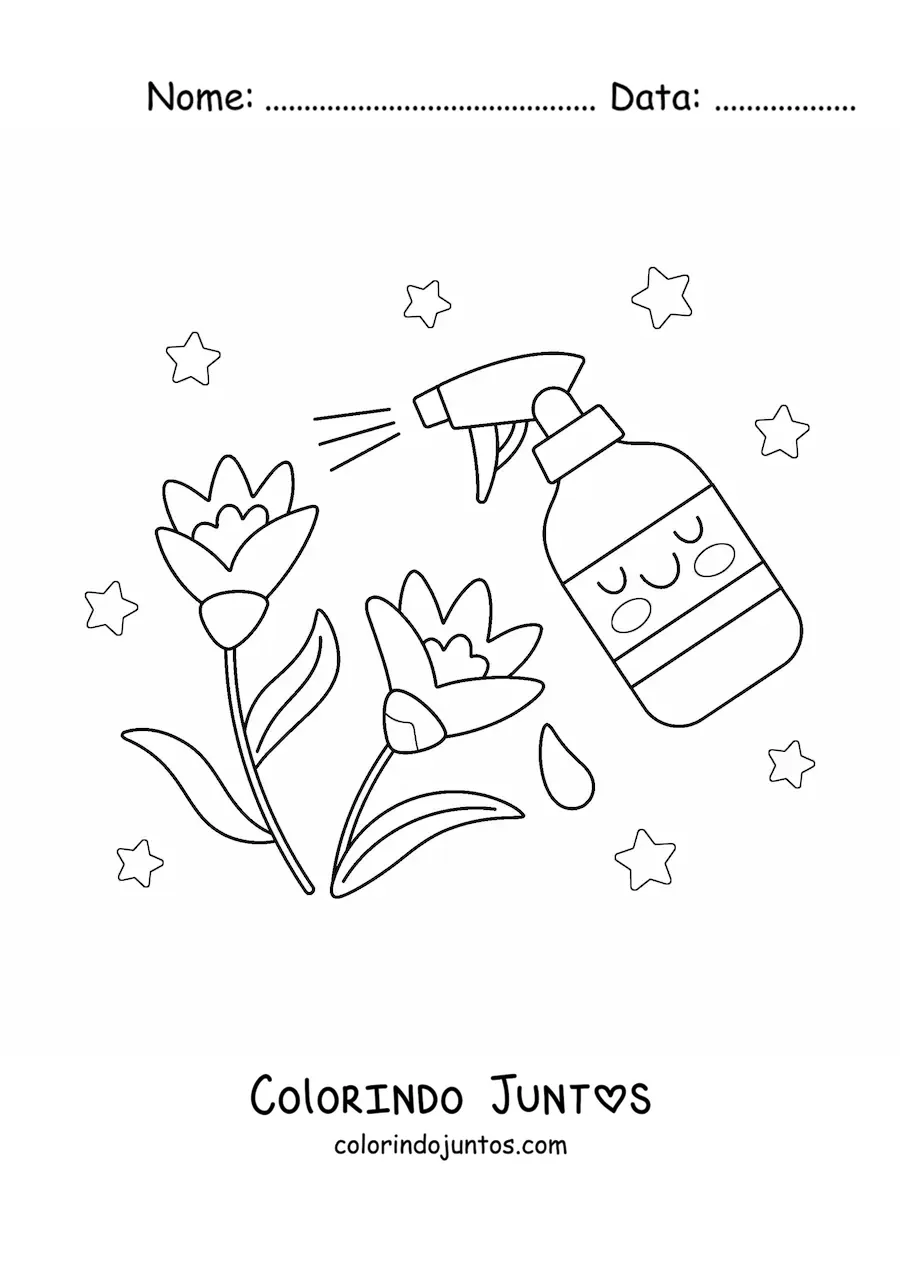 Desenho para colorir de borrifador kawaii regando umas flores