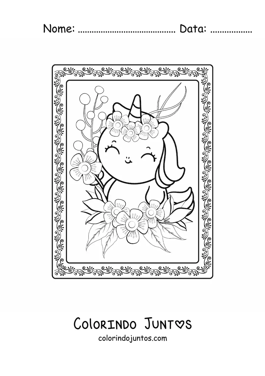 Desenho para colorir de unicornio kawaii grande com flores