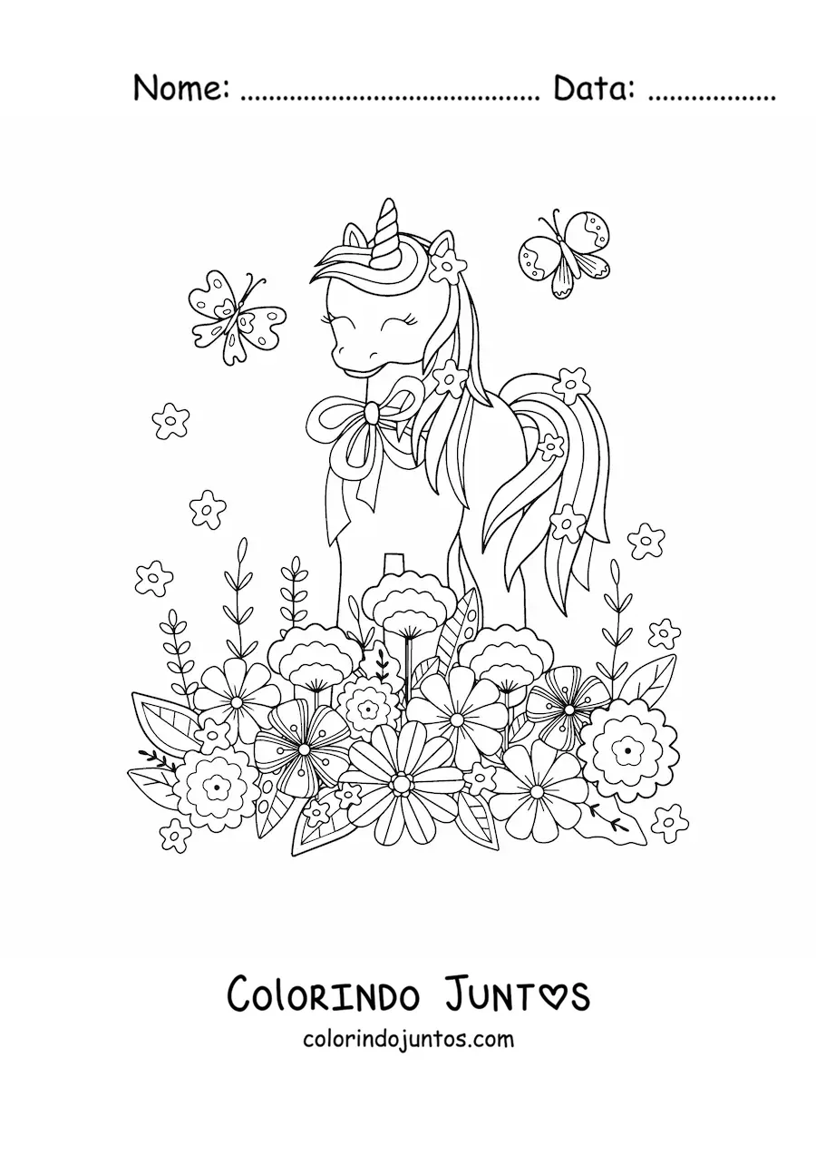 Desenho para colorir de unicornio kawaii com flores e borboletas