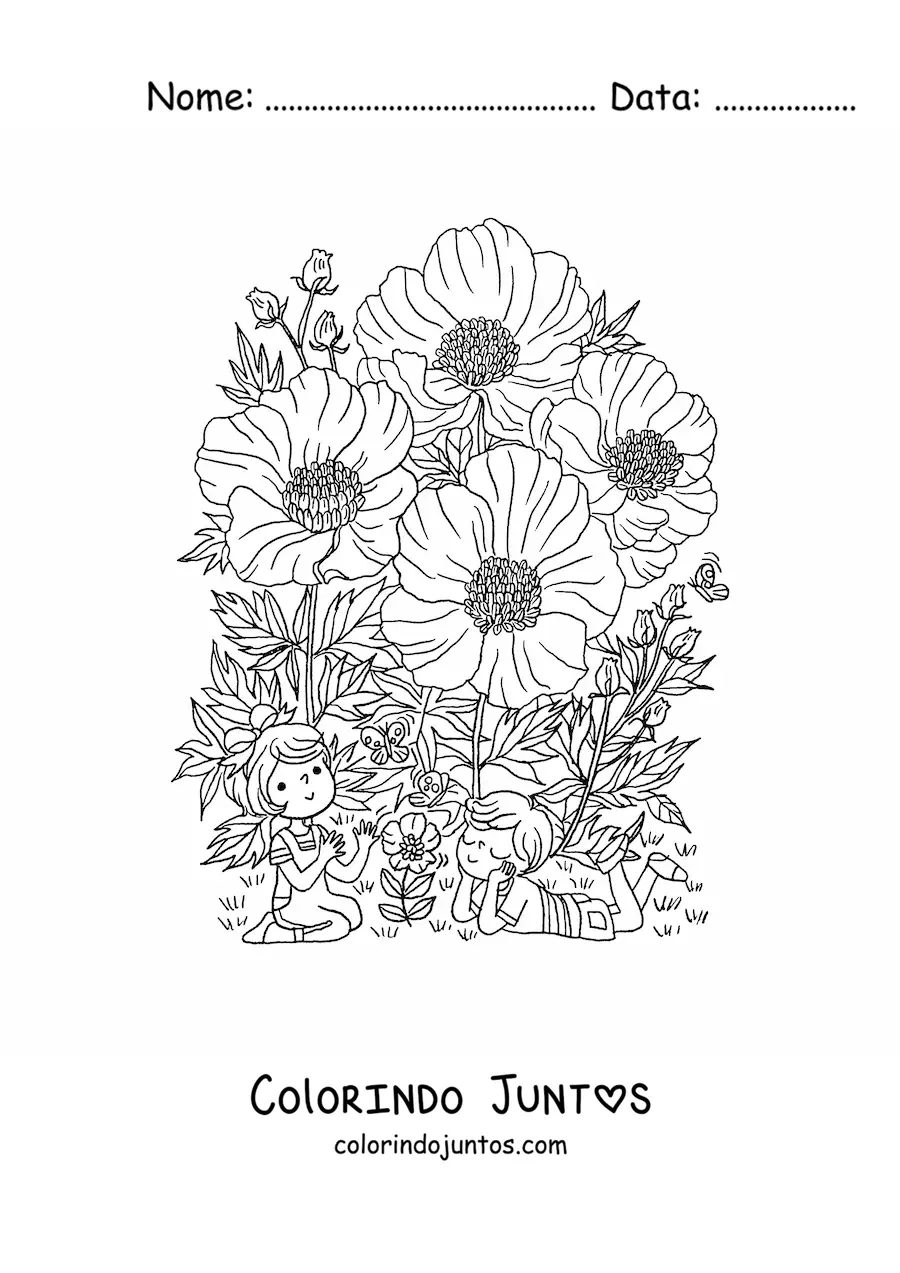 Desenho para colorir de papoulas com criancas kawaii