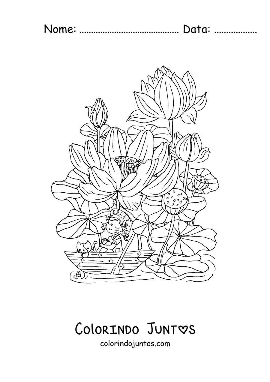 Desenho para colorir de flor de lotus com menina kawaii
