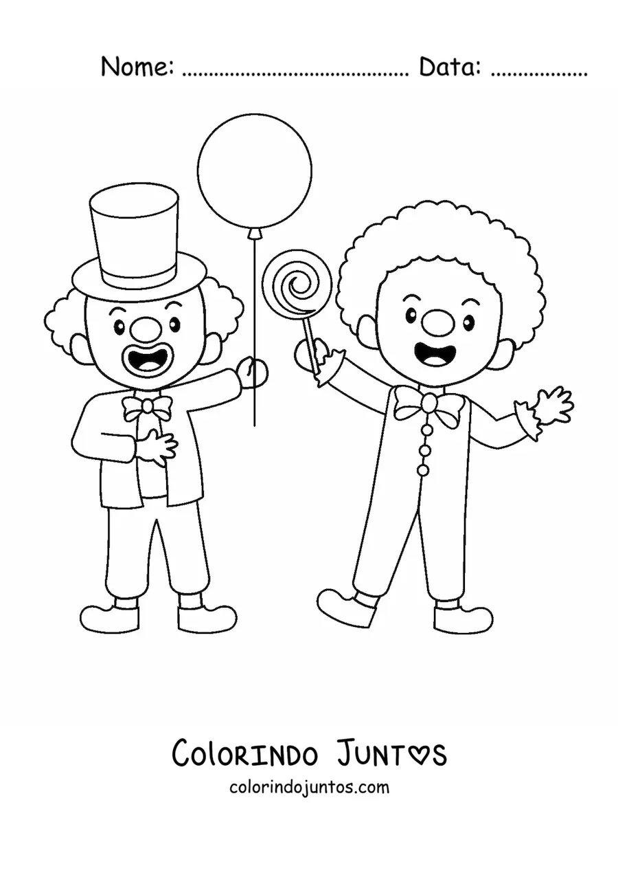 Desenho para colorir de dois palhacos com um pirulito e um balao