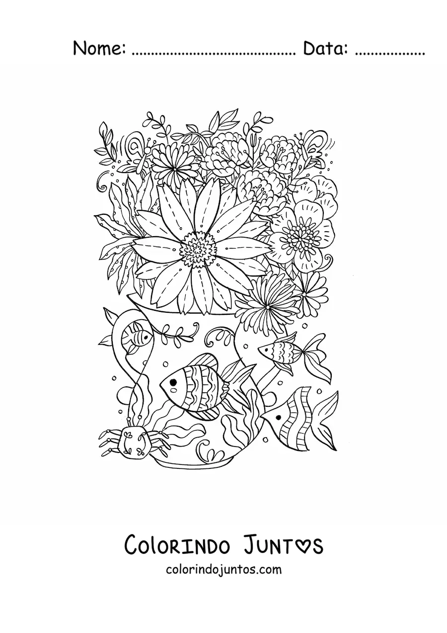 Desenho para colorir de vaso com flores com peixes kawaii