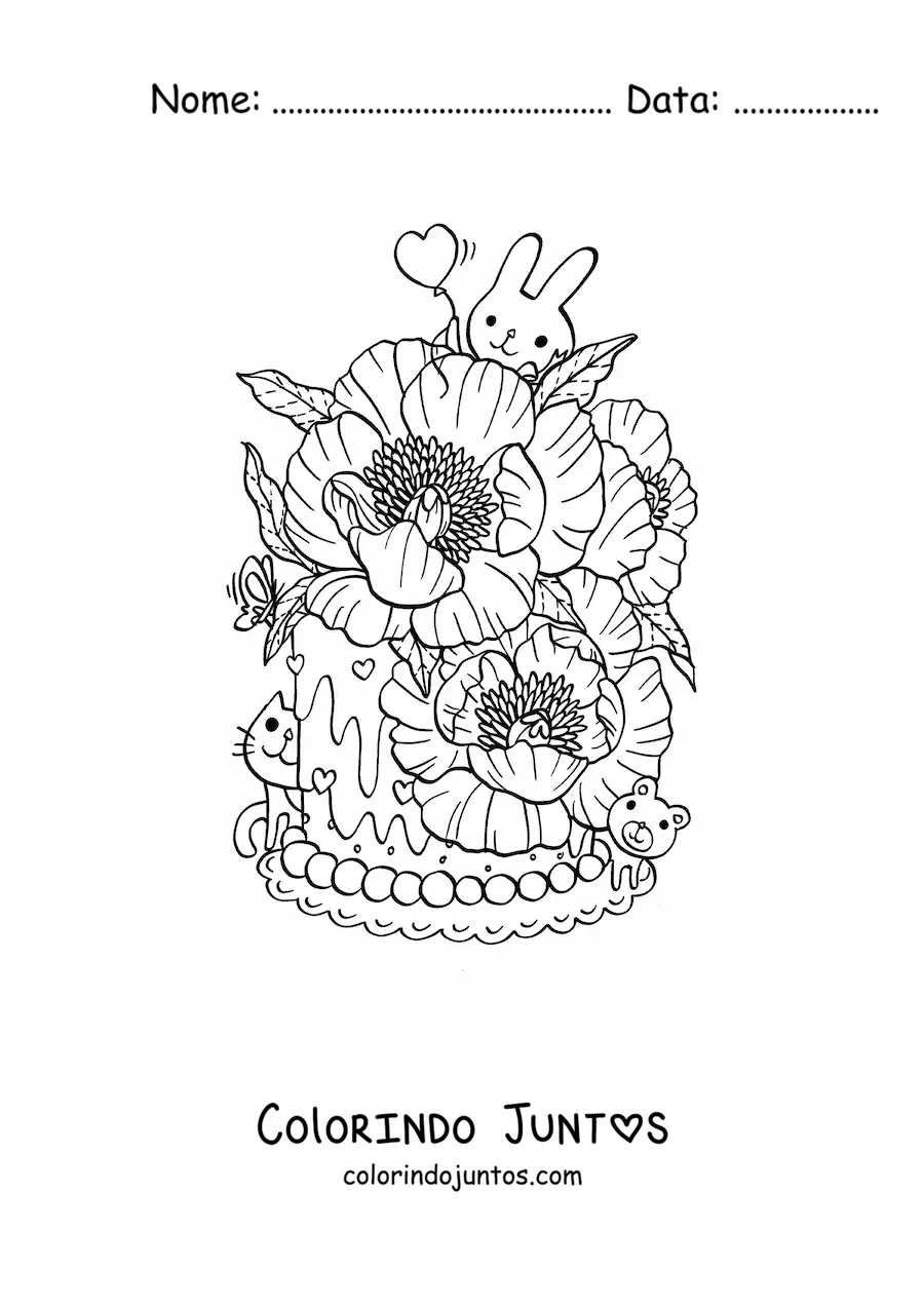 Desenho para colorir de bolo com flores com coelho e gato kawaii